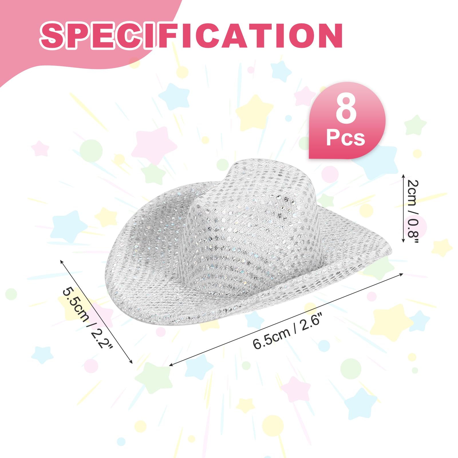 PATIKIL Mini Cowboy Hats, 8 Pcs Miniature Western Cowboy Hat for Crafts Party Decoration, Doll Pet Dress Up, Glitter Dot Style, White - Image 2