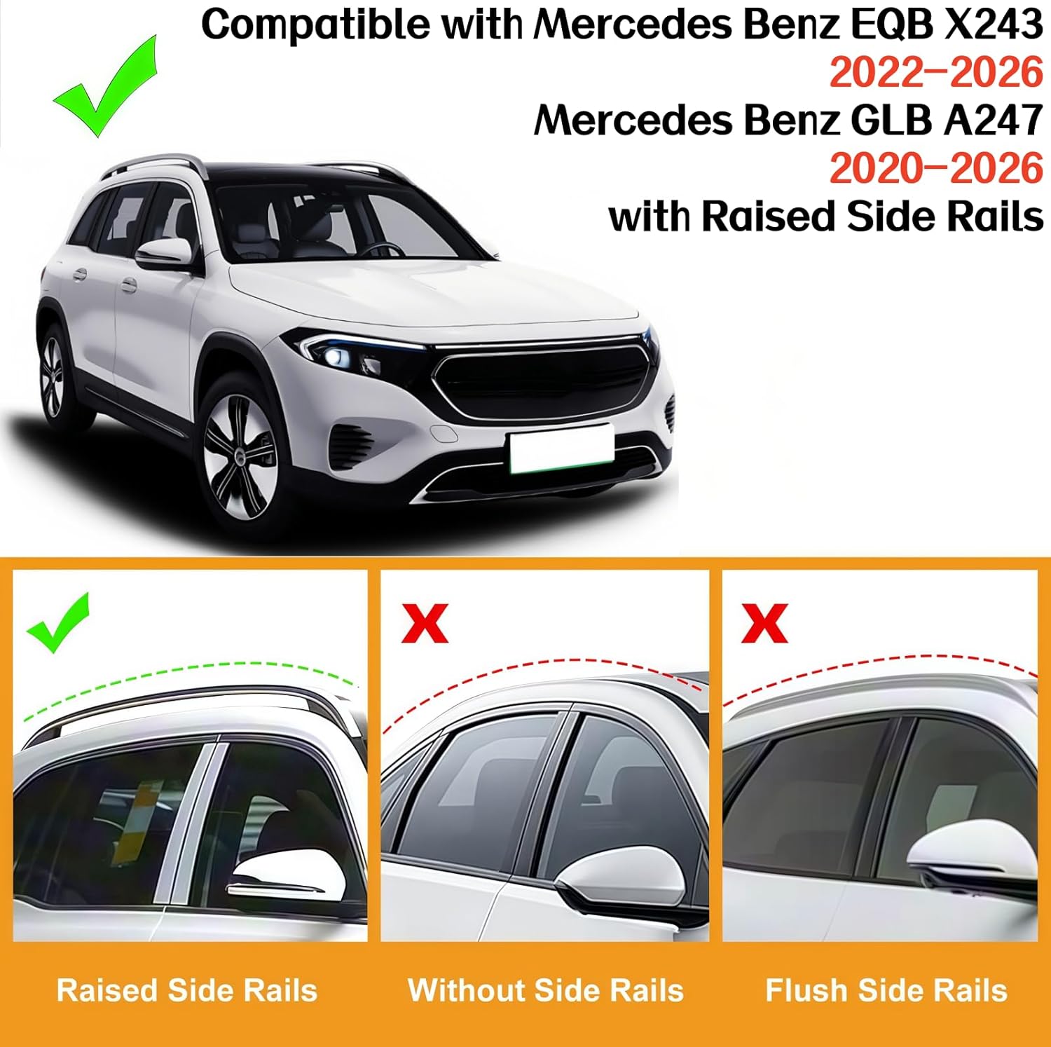 SYDSZ Cross Bar Roof Rack Fit for Mercedes Benz EQB X243 2022-2026/GLB A247 2020-2026 with Raised Side Rails, Heavy Duty Aluminum Roof Cross Bars Rooftop Luggage Rack, Kayak Rack