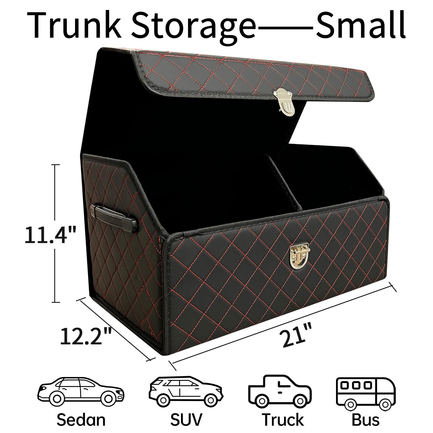 Organizador de maletero para coche con tapa, organizador plegable para SUV y sedanes, caja de almacenamiento de cuero multifuncional, cuadrícula negra y roja, pequeño