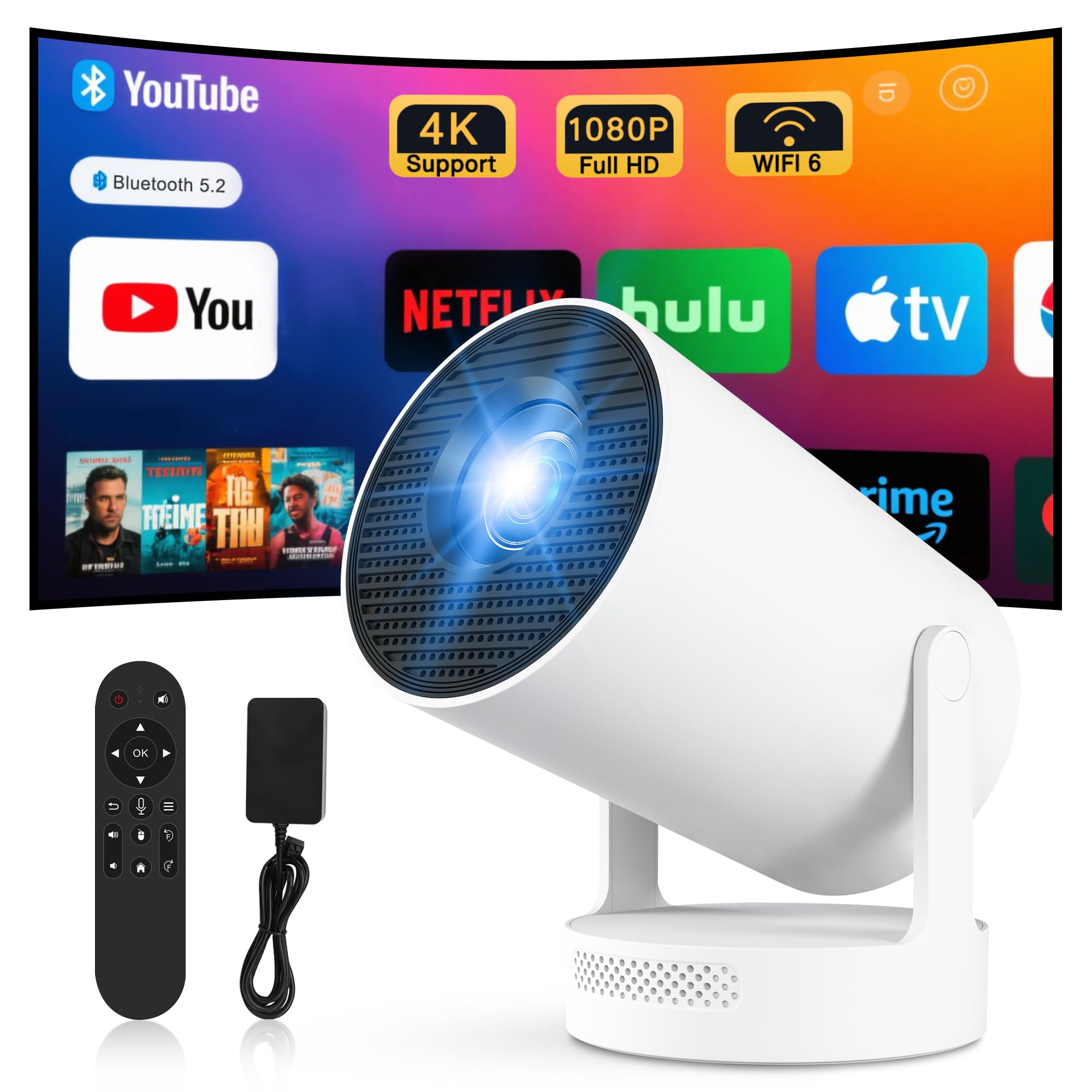 Mini Projector 4K Portable Video Projector WiFi 6 Android 11 Full HD Supports for Phone/PC/Lap/Stick HDMI Home Cinema Netflix Certified & Electric Focus