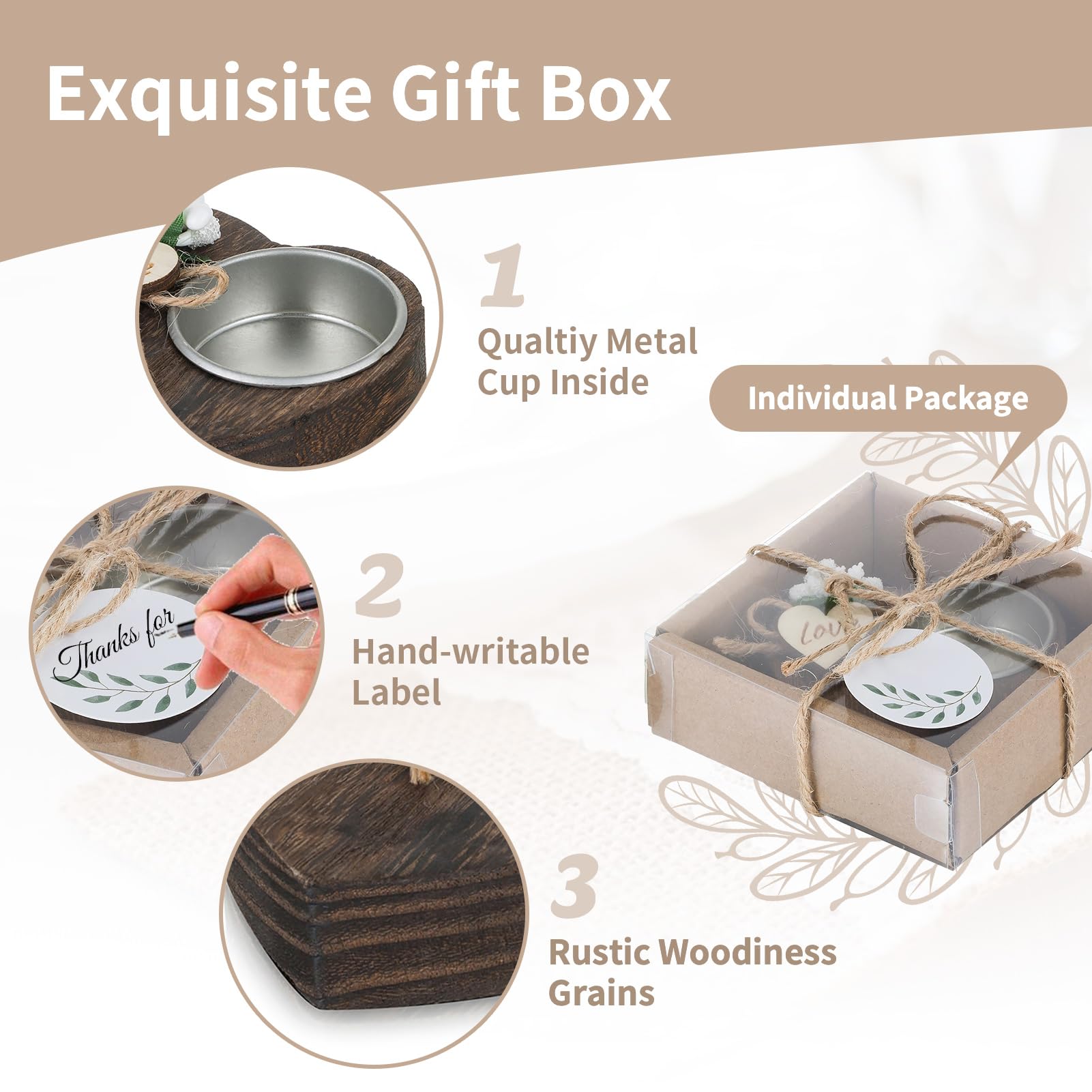NUPTIO Portavelas de Té de Madera: 20 Piezas Recuerdos de Boda para Los Invitados Portacandelitas de Madera para Bautizo Personalizado Decoración de Mesa Hecha a Mano para Bautizo