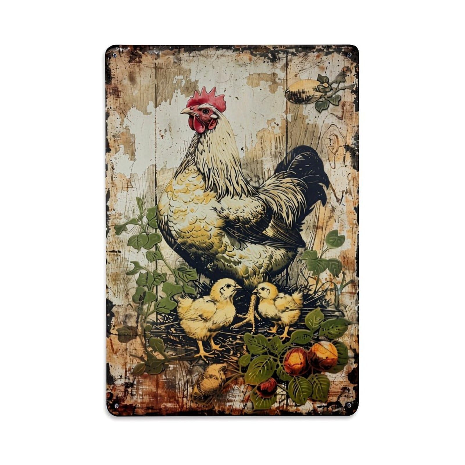 Chicken With Chicks And Berries Retro Metal Tin Sign, Vintage Decor Art Poster for Bar, Home, Man Cave, Kitchen, Laundry Room Gift 8x12Inch