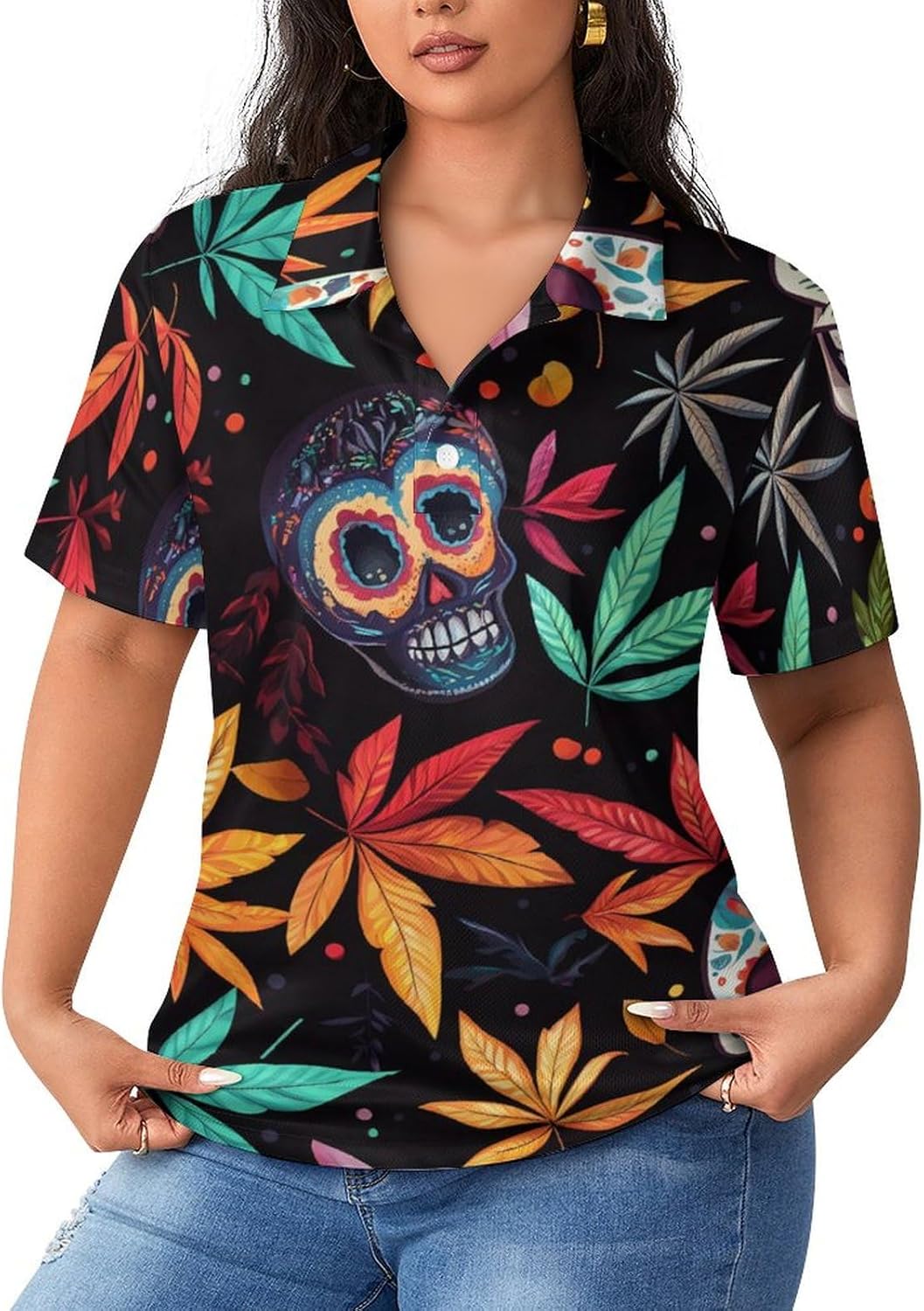 Colorful Skull Weed Plants Women's Polo Shirts Short Sleeve Golf T Shirt Casual Tennis Tops Tee Blouses for Work Business
