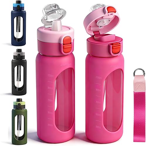 Miniatura 11 de ANOTION Botella de agua de vidrio de 24 onzas, botella de agua deportiva grande con tapa de doble bebida, botellas de vidrio transparente a prueba