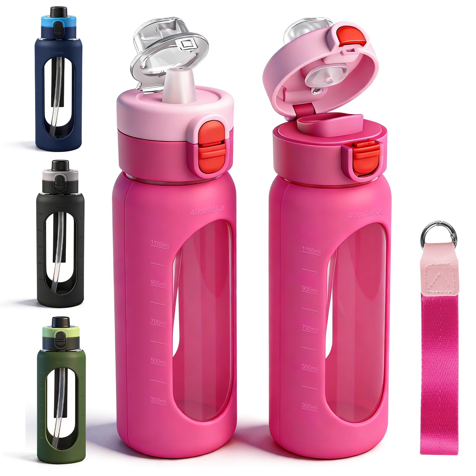 ANOTION 40OZ/1200ml Glass Water Bottle, Large Sports, Pink