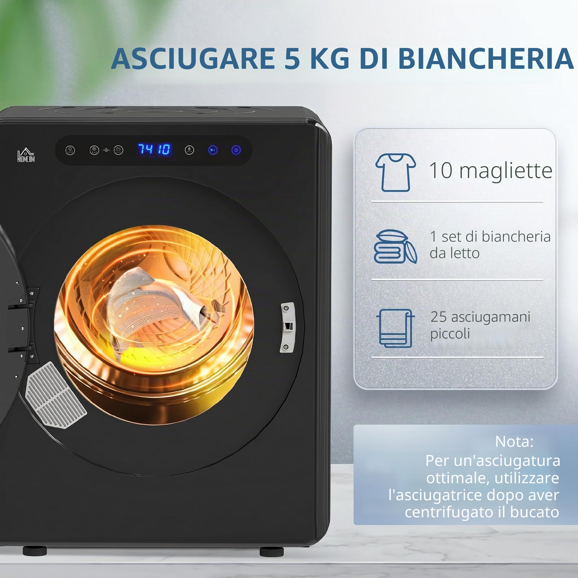 HOMCOM Asciugatrice compatta con evacuazione, asciugatrice elettrica 1000 W 3 Kg con 6 modalità di asciugatura, vasca in acciaio inossidabile, carica frontale, timer, per appartamento, casa, camper