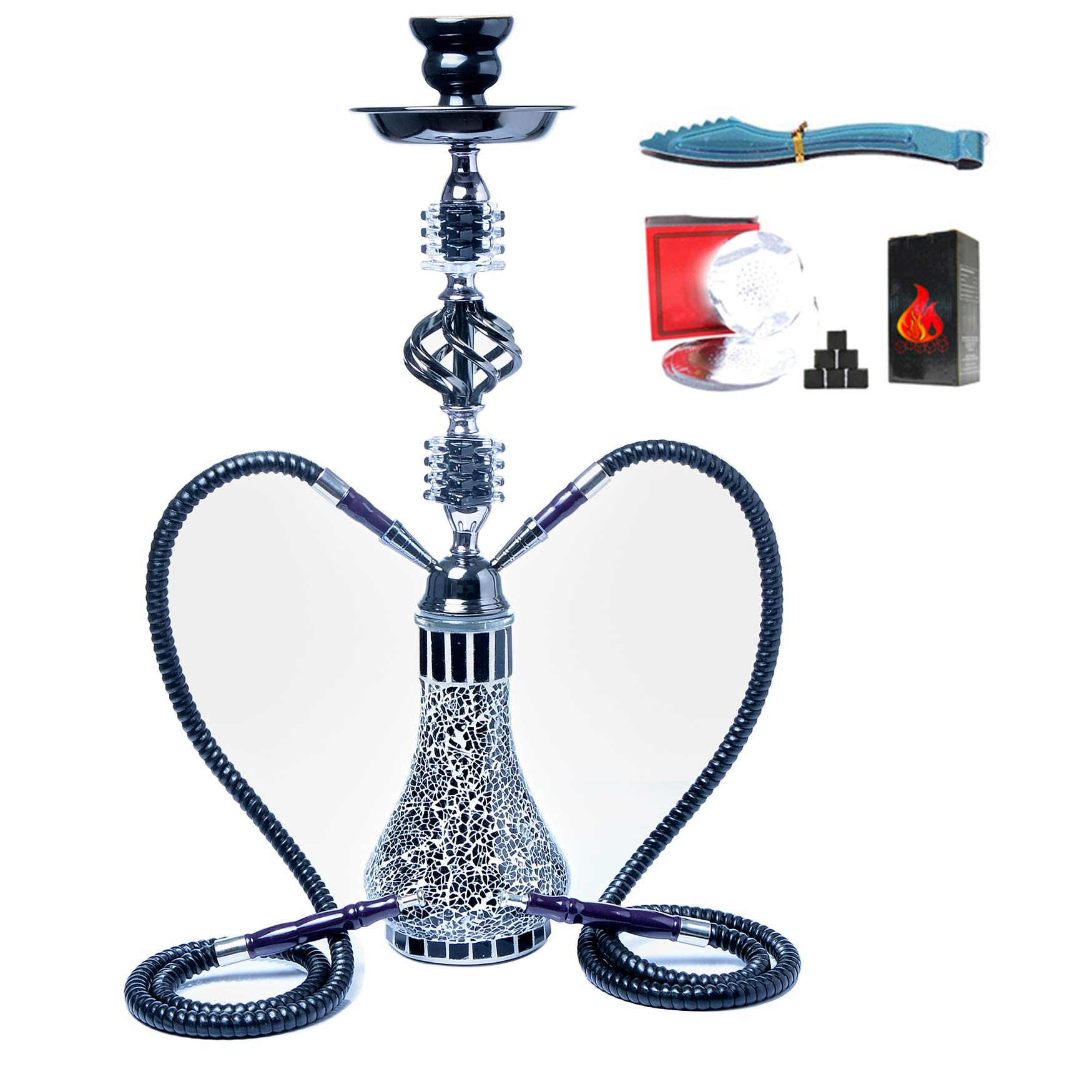 Manguera Hookah Vidrio Florero Shisha con Clip de Carbón Gratis, Cachimba de Papel de Aluminio Que Incluye un Tazón de Cerámica Y Una Rejilla de Carbón, Juego de Cachimba,Negro