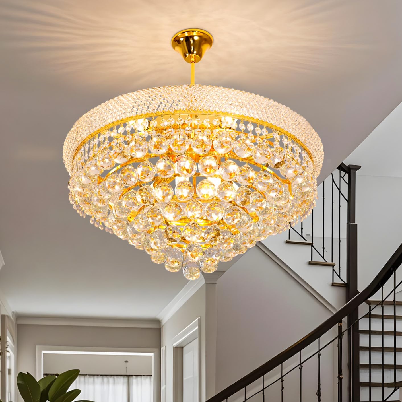 Lámpara de Araña de Cristal Moderna Dorada: Lámpara de Techo Redonda para Salón, Dormitorio, Comedor y Restaurante, Iluminación Interior de Cristal, Incluir E14 x 9, Ø 62 cm