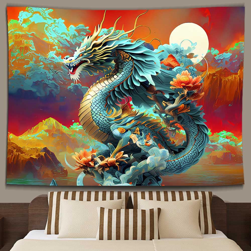 Tapisserie Murale Japonaise Dragon Tigre 203x152cm - Flanelle, Impression HD, Déco Salon Chambre - 10