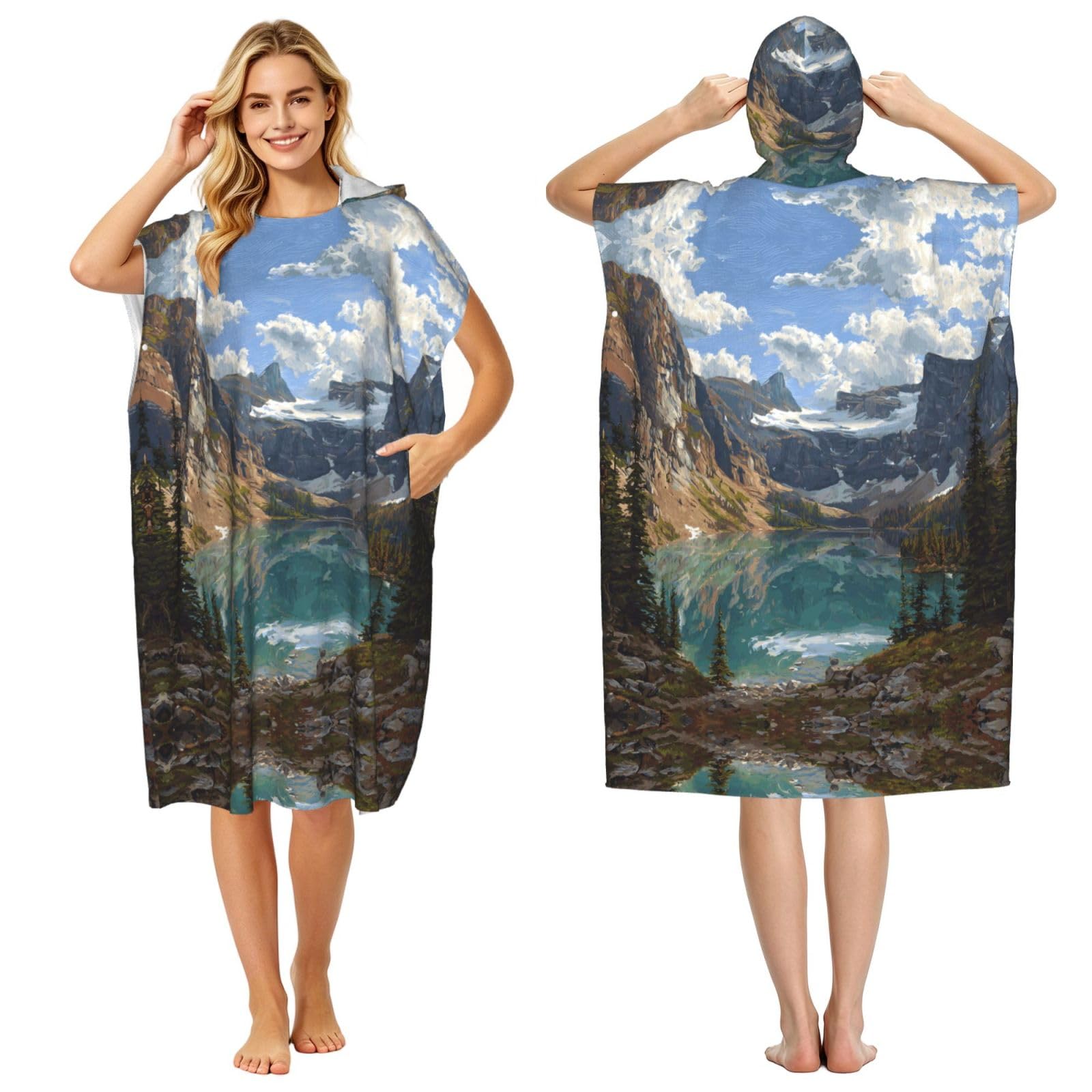 ESNAIUVCD Glacier Lake Print Changing Robe, Hooded Towel Poncho For Swimming Pool, Beach,Quick Dry Light Weight Towelling Poncho