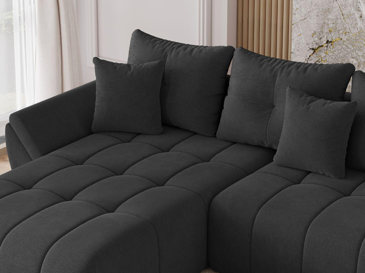 GRAINGOLD Decor U Ecksofa modern mit Bettfunktion, 382x192 cm, U-Form Sofa, Schlafcouch für Wohnzimmer, Veloursstoff, 5-Sitzer Wohnlandschaft, Ecksofa mit Bettkasten (Anthrazit)