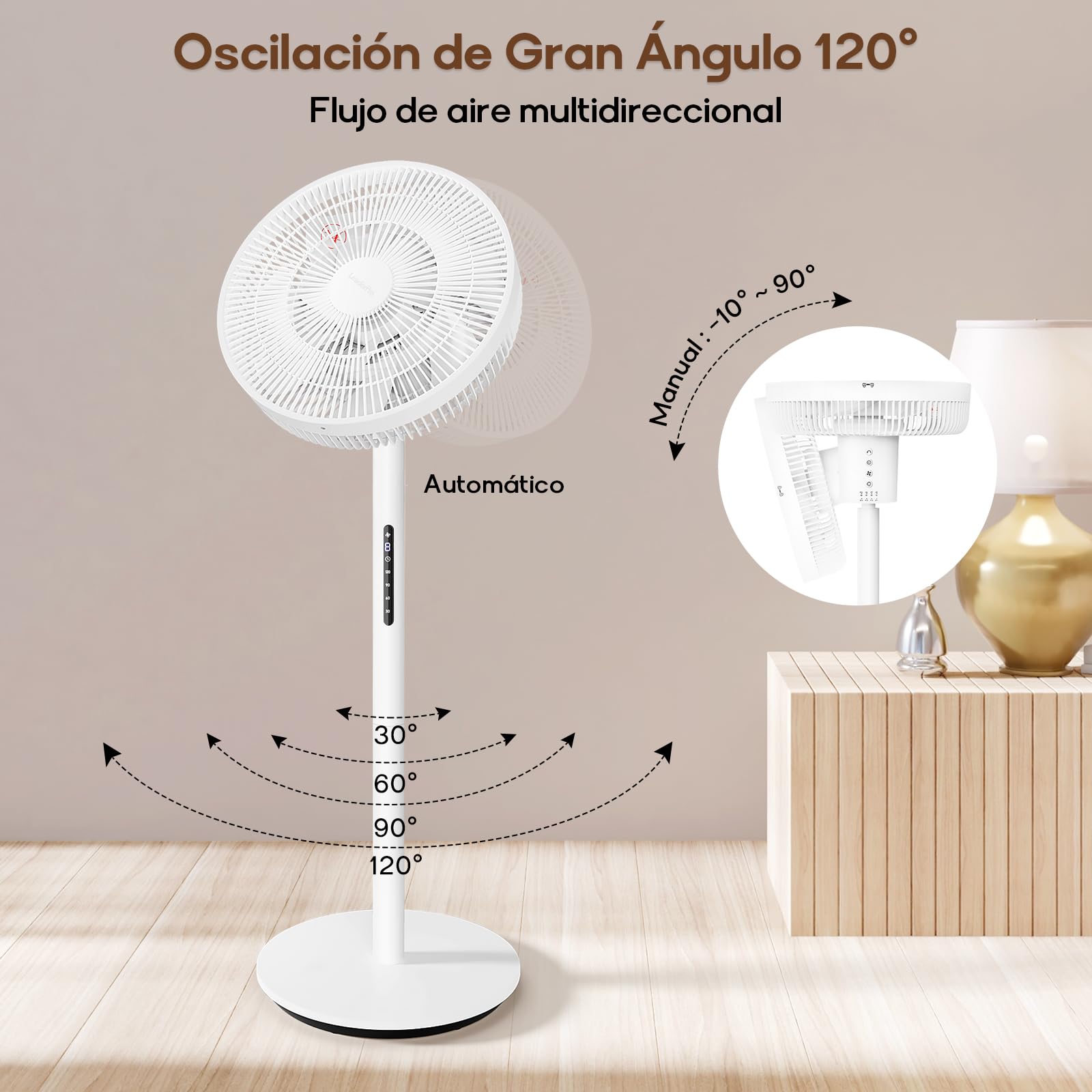 LeaderPro Ventilador de Pie Silencioso 12,8 dB, 2 en 1 de Pie y Sobremesa con Control Remoto y Temporizador, Oscilación 120°, Ajuste Vertical 90°, 8 Velocidades, Motor DC, Dormitorio y Oficina, Blanco