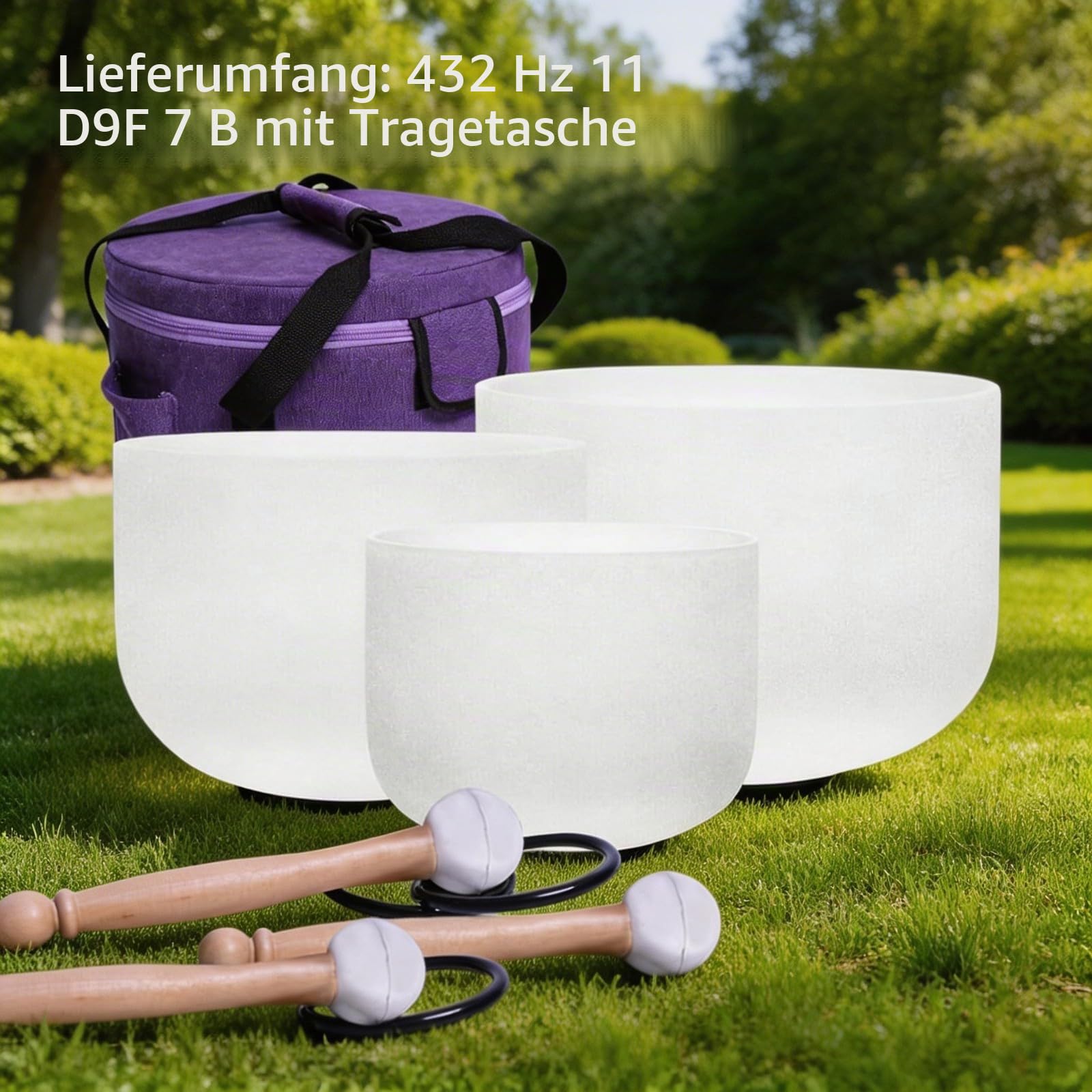 Energysound Perfect Pitch Chakra Singing Bowls 432Hz 11" D 9" F 7" B Frosted Quartz Crystal Singing Bowls with Canvas Bag