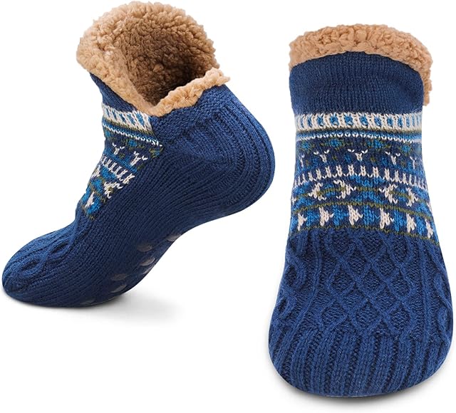 Firtink Slipper Fluffy Socks for Women Men, Non Slip Knitted Thick Fleece Lined Warm Cosy Fuzzy Bed Slippers Socks for Unisex in Home Bed Floor(One Size Blue)