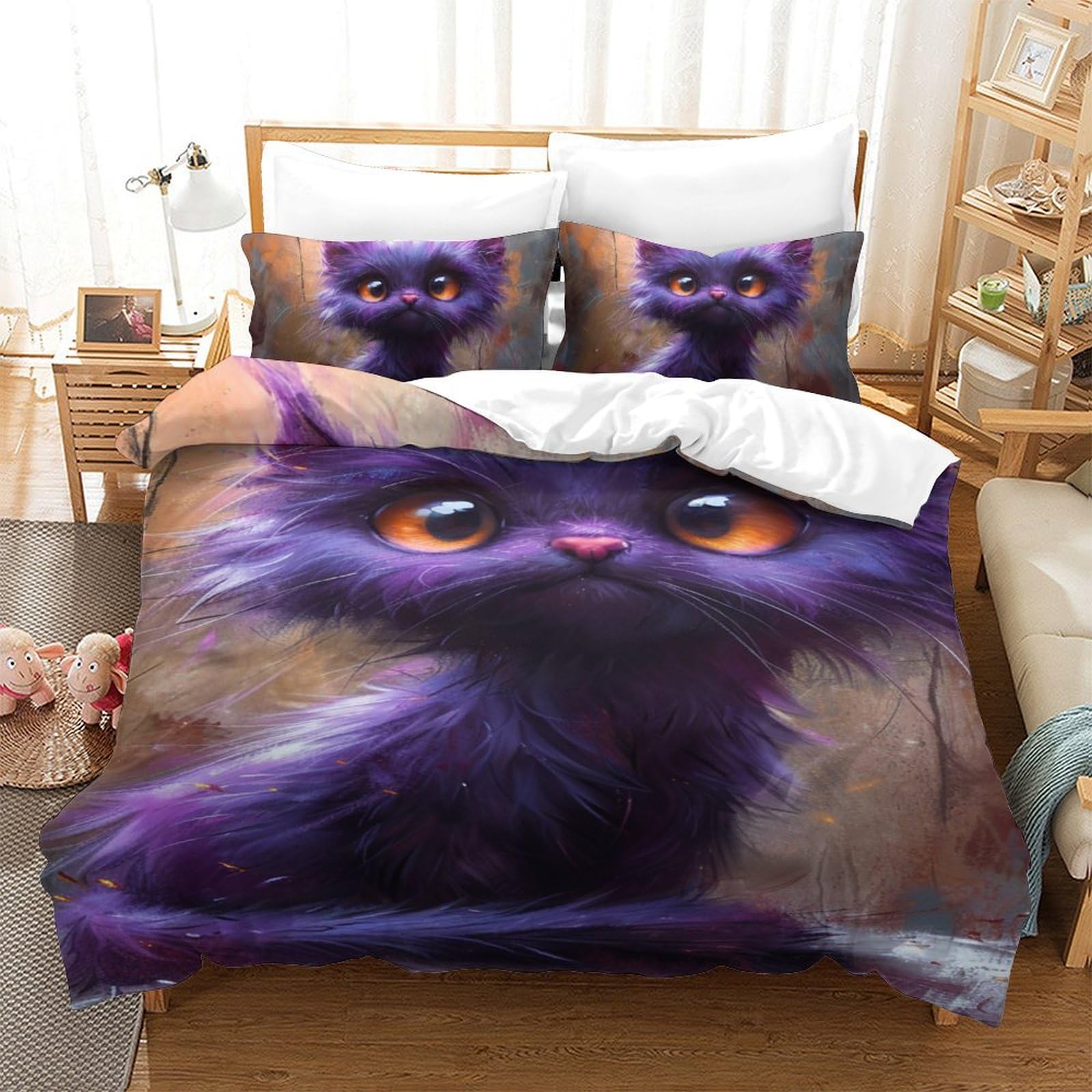 Housse de couette chat 3D en microfibre respirante à fermeture éclair pour adolescents