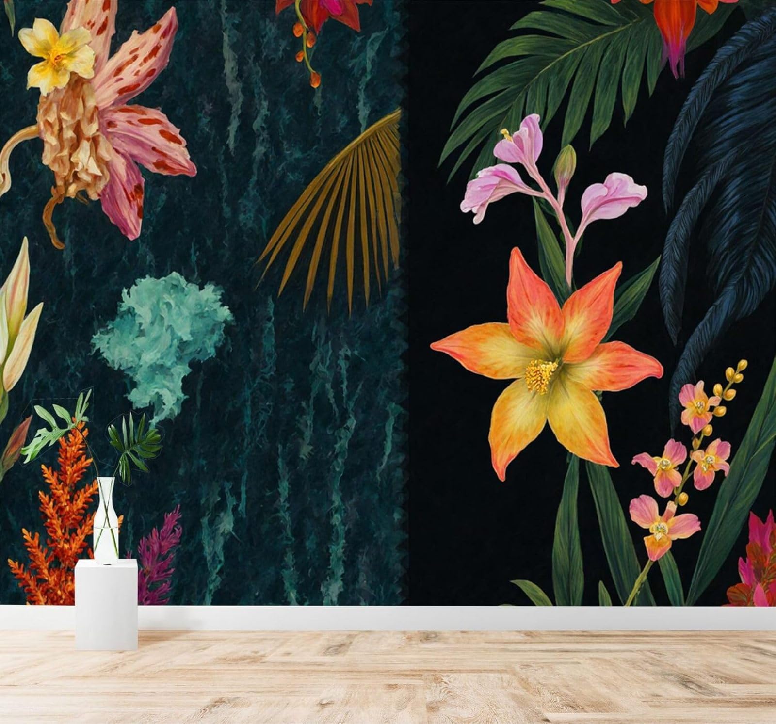 Tzxztt Tropical Plants Flowers Green Leaves Dark Modern 3D Wallpaper Premium Textured Silk Neutral Tones Material Ideal for Living Room Bedroom-400cm×280cm