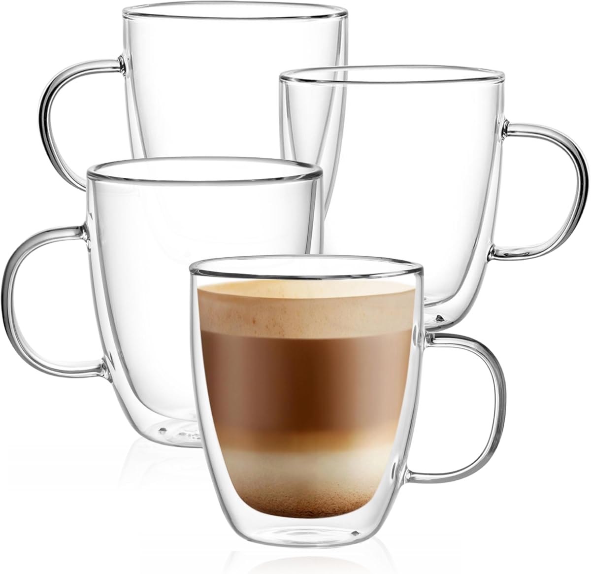 CNGLASS Tazas de café de vidrio de 12 onzas, taza de capuchino aislada de doble pared con asa, tazas de café expreso transparentes para capuchino, café con leche, bolsitas de té, bebidas frías y calientes, juego de 4