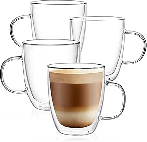CNGLASS Large Glass Coffee Mugs 12oz, Double Walled Insulated Cappuccino Mug with Handle, Set of 4