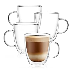 CNGLASS Large Glass Coffee Mugs 12oz Double Walled Insulated Cappuccino Mug with Handle Set of 4