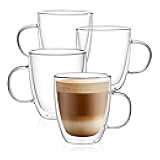 CNGLASS Large Glass Coffee Mugs 12oz,Double Walled Insulated Cappuccino Mug with Handle,Set of 4