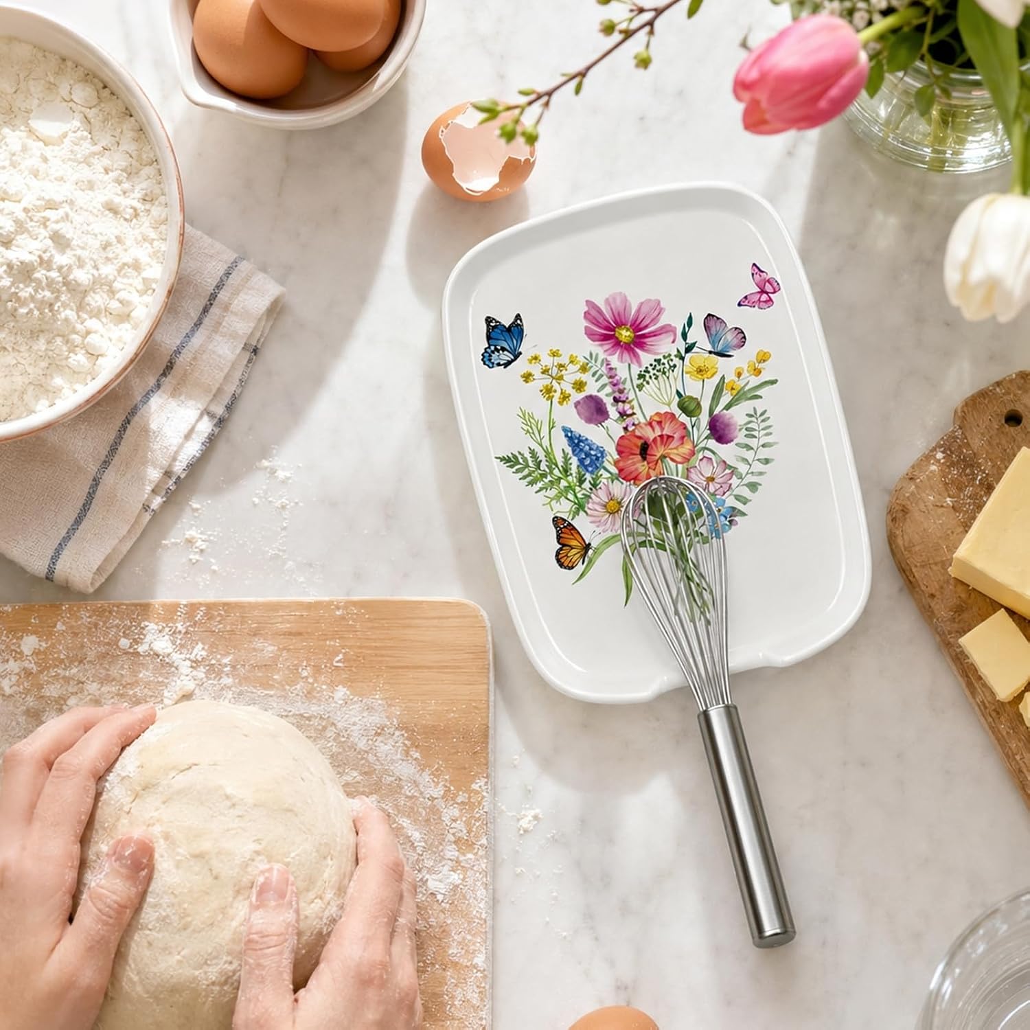 AnyDesign 5.9 Inch Flower Ceramic Spoon Rest, Floral Wildflower Butterfly