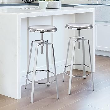 Industrial Bar Stools Set of 2, Adjustable Swivel Metal Stools, Chrome