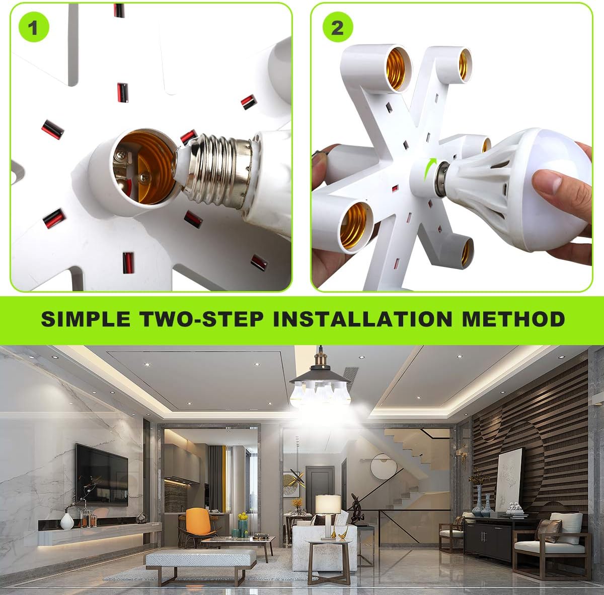 7 Light Socket Splitter,Multi Light Bulb Adapter, Fireproof Adapter Conventer for Standard LED E26 E27 Bulbs,Garage,Kitchen,Dining Room, Intensified Lighting Fixture