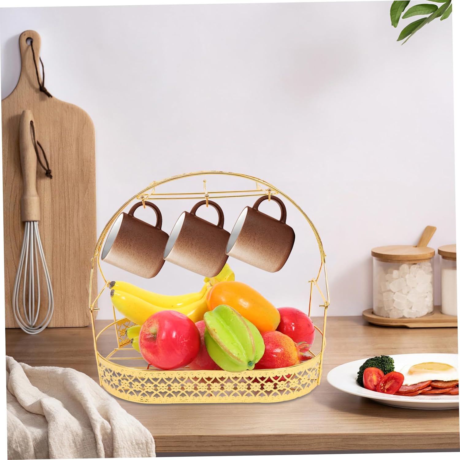 Ceramic Cups Rack with Golden Plating Elegant Wrought Iron Cup Organizer Hooks for Mugs Storage Basket for Coffee Stations and Kitchen Countertops