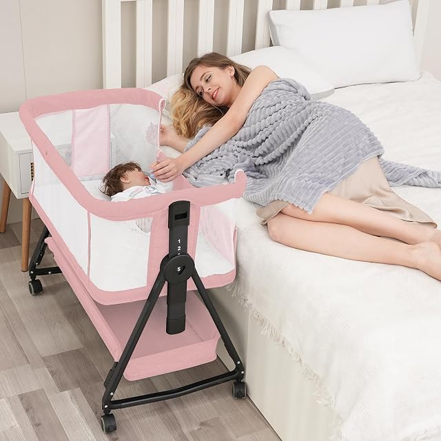 3 in 1 Baby Bassinet, Pink Bedside Bassinet Sleeper with 7 Height Adjustable, Bedside Cribs with Storage Basket and Wheels for Newborn, Easy Folding, Jestonten | Breathable