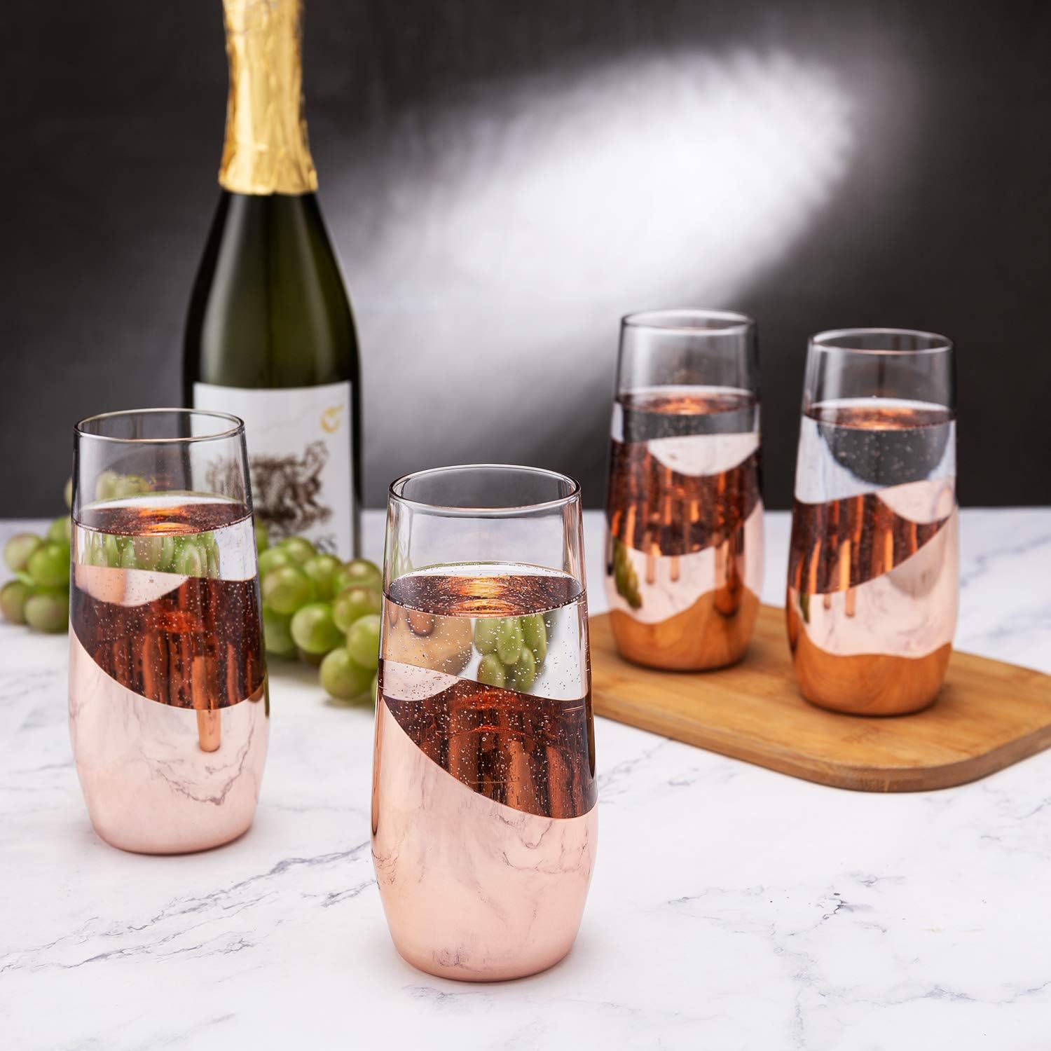 MyGift Modern Champagne Flutes, 11 oz Tilted Design Copper Stemless Champagne Flute Glasses, Set of 4 - Image 2
