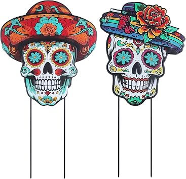 hogardeck Day of the Dead Decorations Outdoor, Set of 2 Dia de Los Muertos Sugar Skull Decorative Garden Stakes, Metal Halloween Decorations Yard Signs for Outside Garden Lawn Porch Patio Party