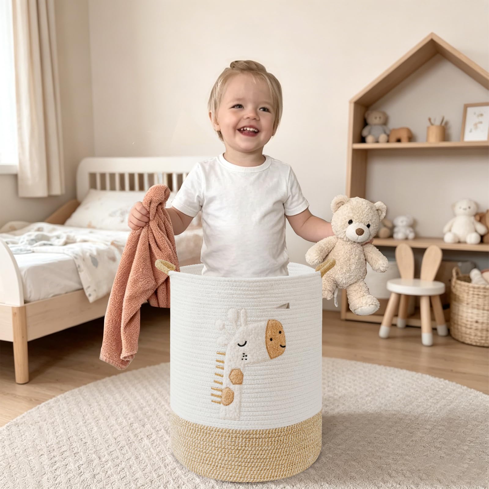 Cesto Portabiancheria 51L Grande Cesta Giochi Bambini Cesto Biancheria Sporca Contenitore Giochi Cestini Portaoggetti, Cesta di Stoccaggio in Corda di Cotone per Bambini con Maniglie, Giraffa
