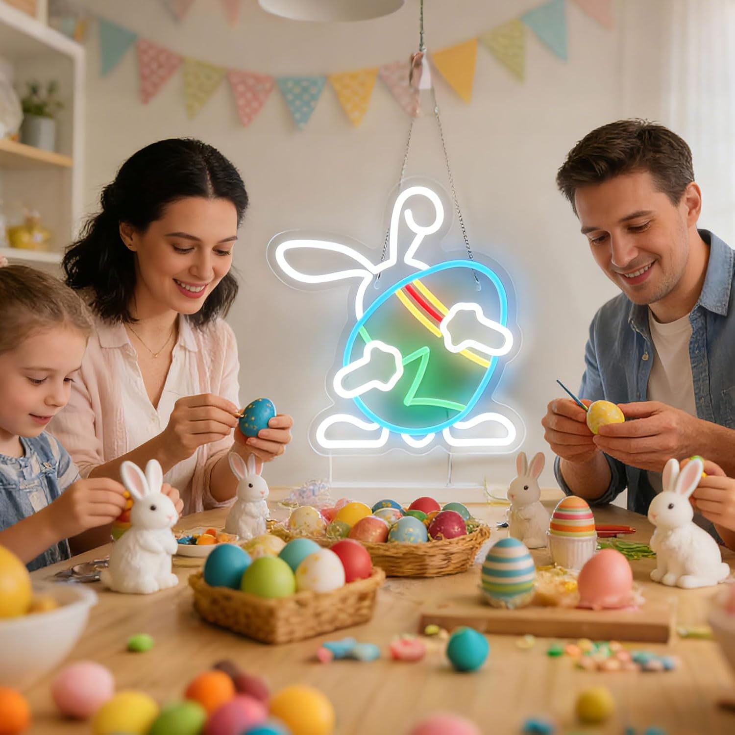 Bunny Neon Sign with Egg, LED Rabbit Night Light for Kids Bedroom, Cute Animal Wall Decor for Baby Nursery, Dimmable USB Powered Neon Wall Light for Toddler Room, Cozy Room Aesthetic Gift for Girls Boys 13*13.7in