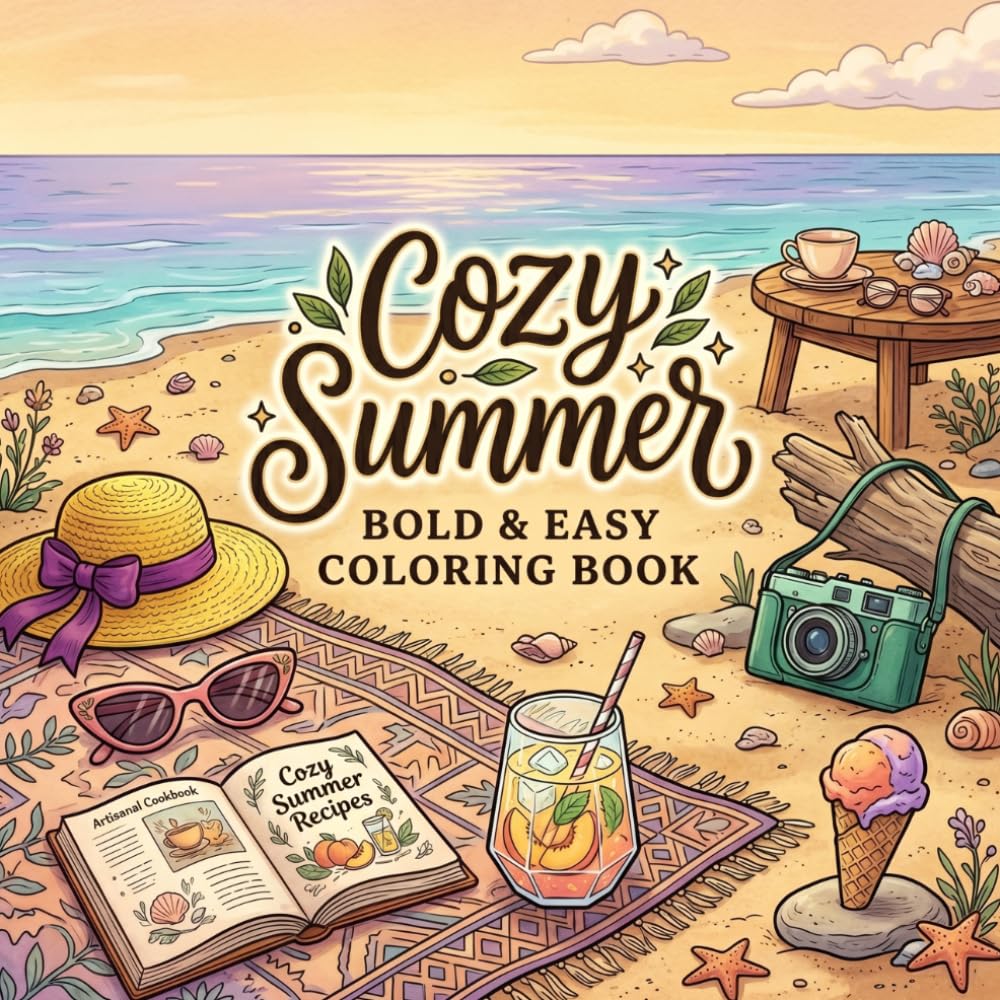 Cozy Summer: The Ultimate Bold & Easy Coloring Book for Adults and Teens – Fun Summer Illustrations for Stress Relief and Relaxation.