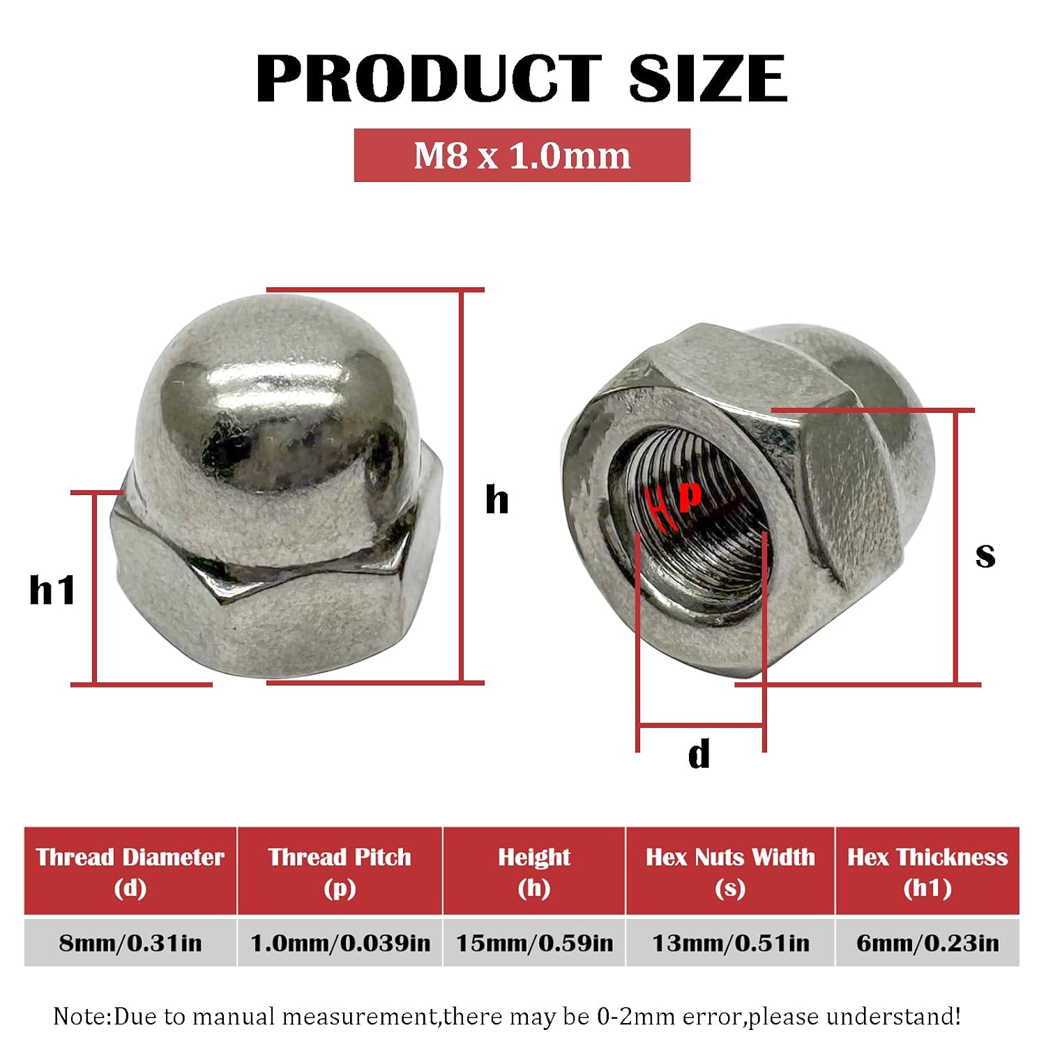 M8 x 1.0mm Acorn Cap Nuts,304 Stainless Steel Fine Thread Acorn Dome Head Hex Nuts,Rust-Resistant Fasteners(10Pcs)