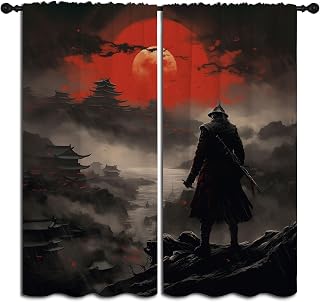 LHROOMJK Japanese Samurai Anime Rod Pocket Blackout Curtains for Boy Girl Bedroom, Cool Red Black Sun Moon Armor Home Energy Efficient Light Filtering Window Curtain for Living Room, 63x63 inch