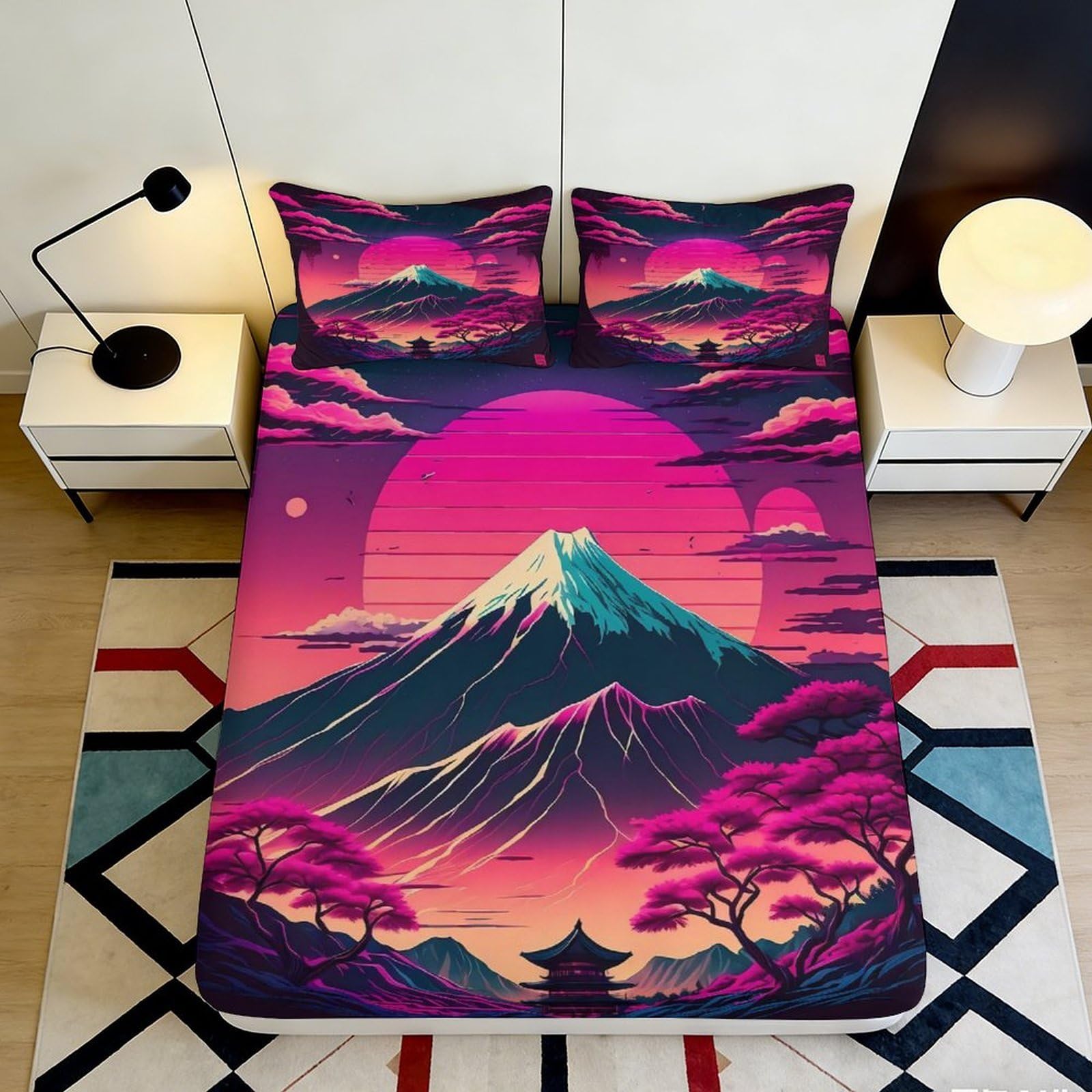 3D Printed Mount Fuji Sunset Fitted Sheet Microfiber Pink Purple Japanese Landscape Mattress Cover Bedroom Decor 90x200x25cm