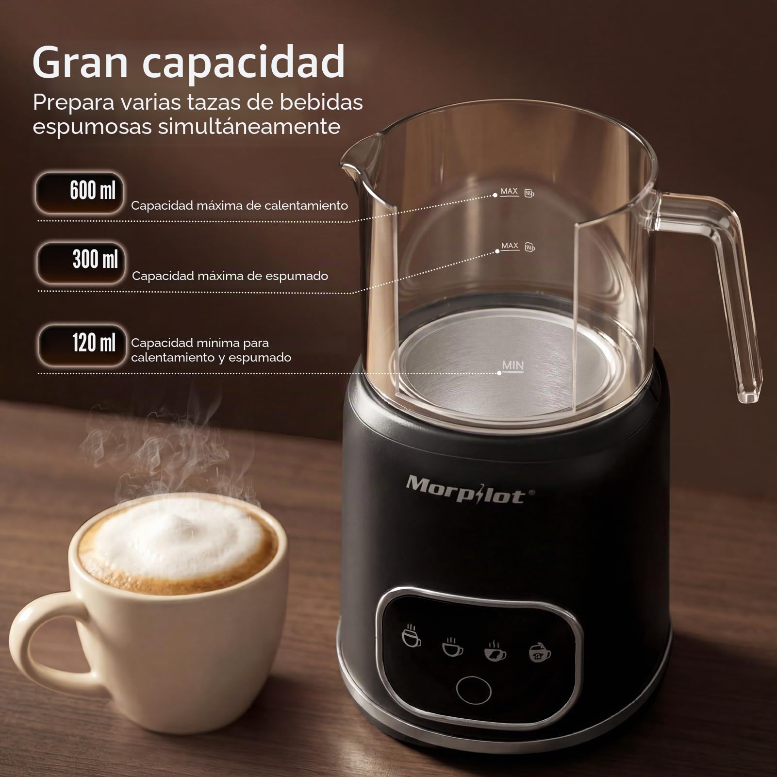 Morpilot Espumador de Leche, Espumador Eléctrico de Vidrio, 4 en 1 Funciones, Capacidad 300ml para Capuchino o 600ml para Leche Caliente, Diseño Separado, Negro