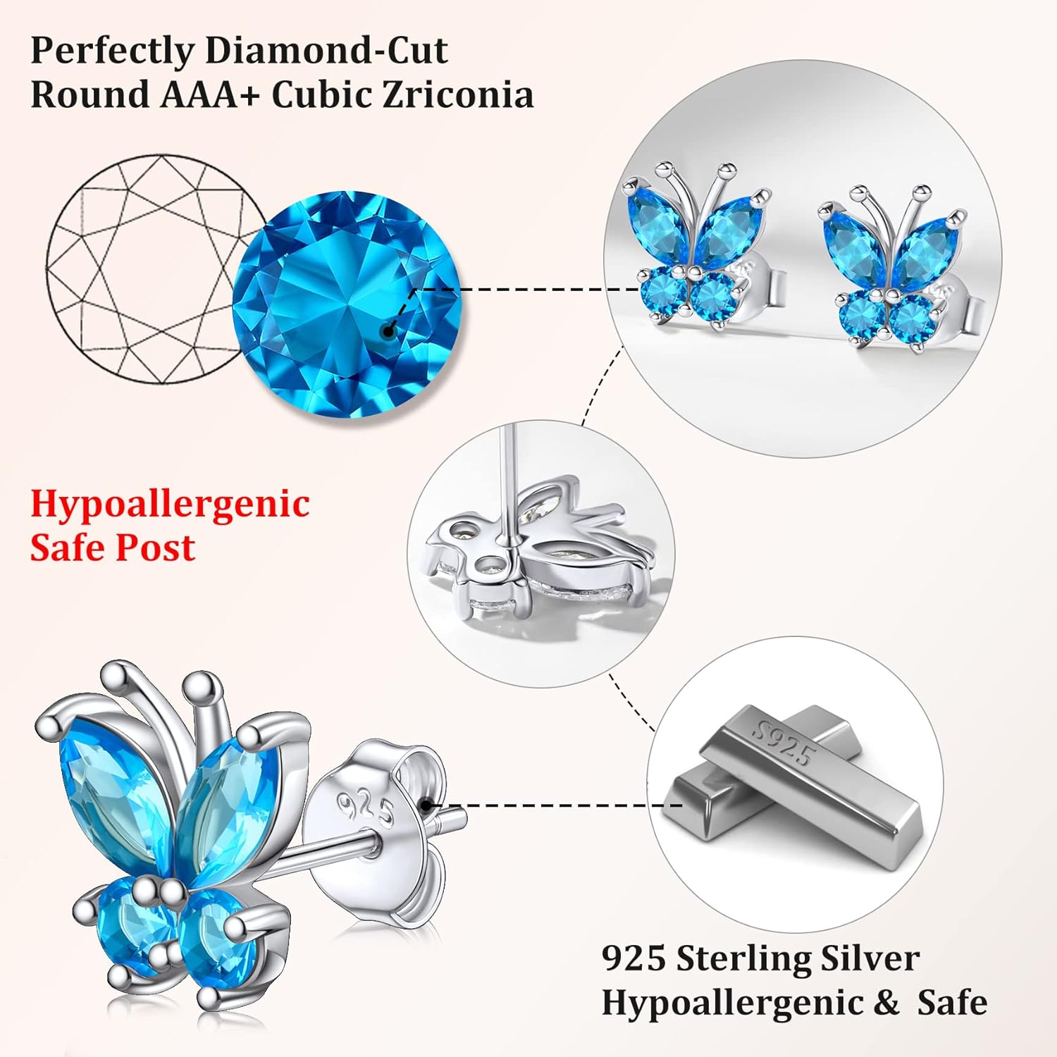 Bestyle Sterling Silver Butterfly Earrings for Women, Dainty Cute Birthstone Studs Hypoallergenic Jewelry, Great Birthday Gift - Image 6