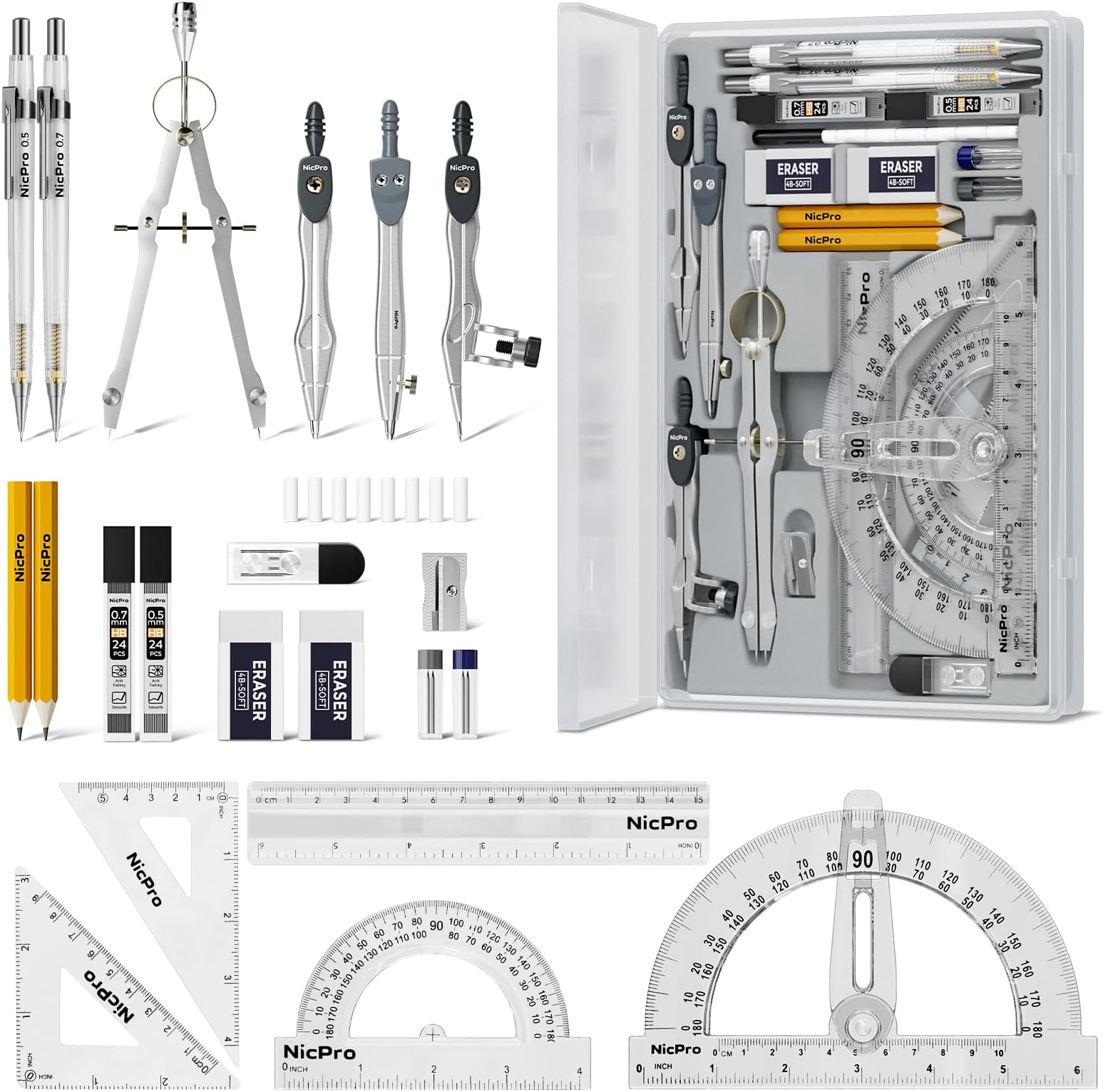 22 PCS Compass Geometry Tools with Case, Drafting Tools Geometry Set with Swing Arm Protractor, Rulers, Metal Compass, Divider, Square Set, Pencil, Drawing Supplies for Kids Student School Math