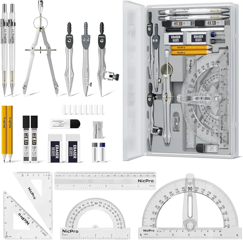 Nicpro 22 PCS Compass Geometry Tools with Case, Drafting Tools Geometry Set with Swing Arm Protractor, Rulers, Metal Compass, Square Set, Mechanical Pencil, Back to School Supplies for Students