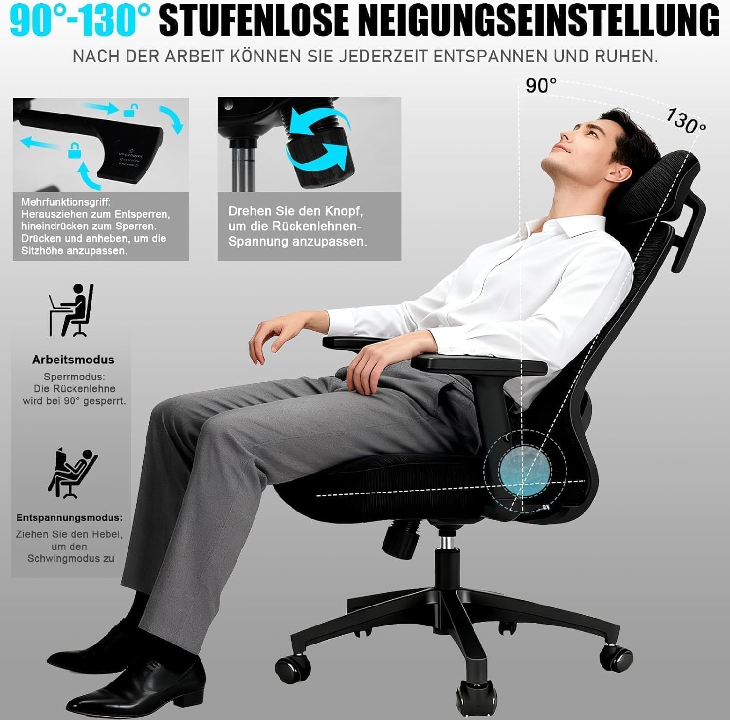 Milacyee Bürostuhl, Ergonomischer Bürostuhl mit Verstellbarer 4D Lendenwirbelstütze, Schreibtischstuhl mit Kopfstütze, Drehstuhl mit 90°-130° Liegefunktion (Abschließbar), Netzstuhl bis 150KG, Schwarz