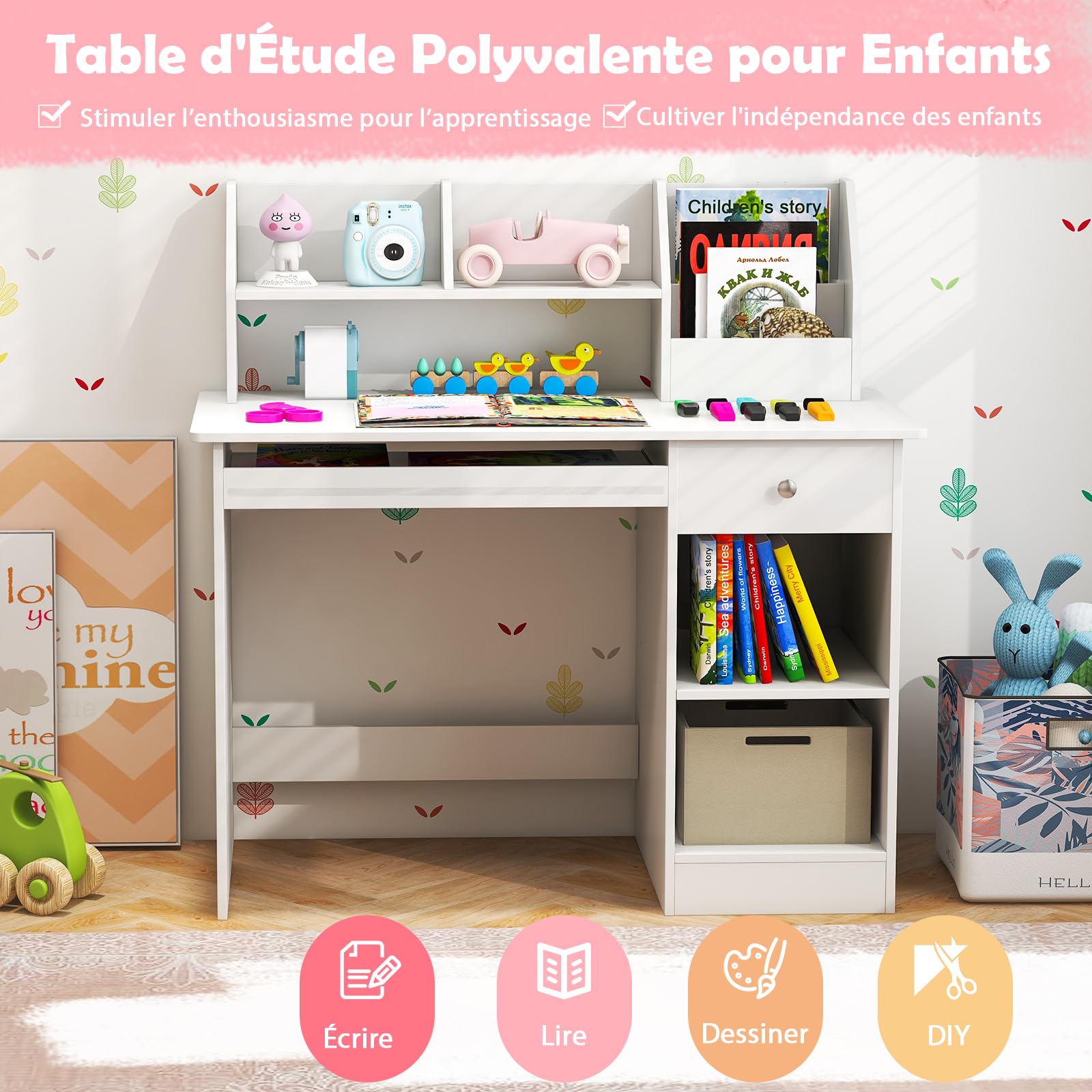 GOPLUS Table Enfant, Bureau Enfant en Bois avec Tiroir, 2 Étagères, Plateau à Clavier, 3 en 1 Bureau pour Fille Garcon avec Dispositif Anti-basculement, Blanc, 90X45X90CM