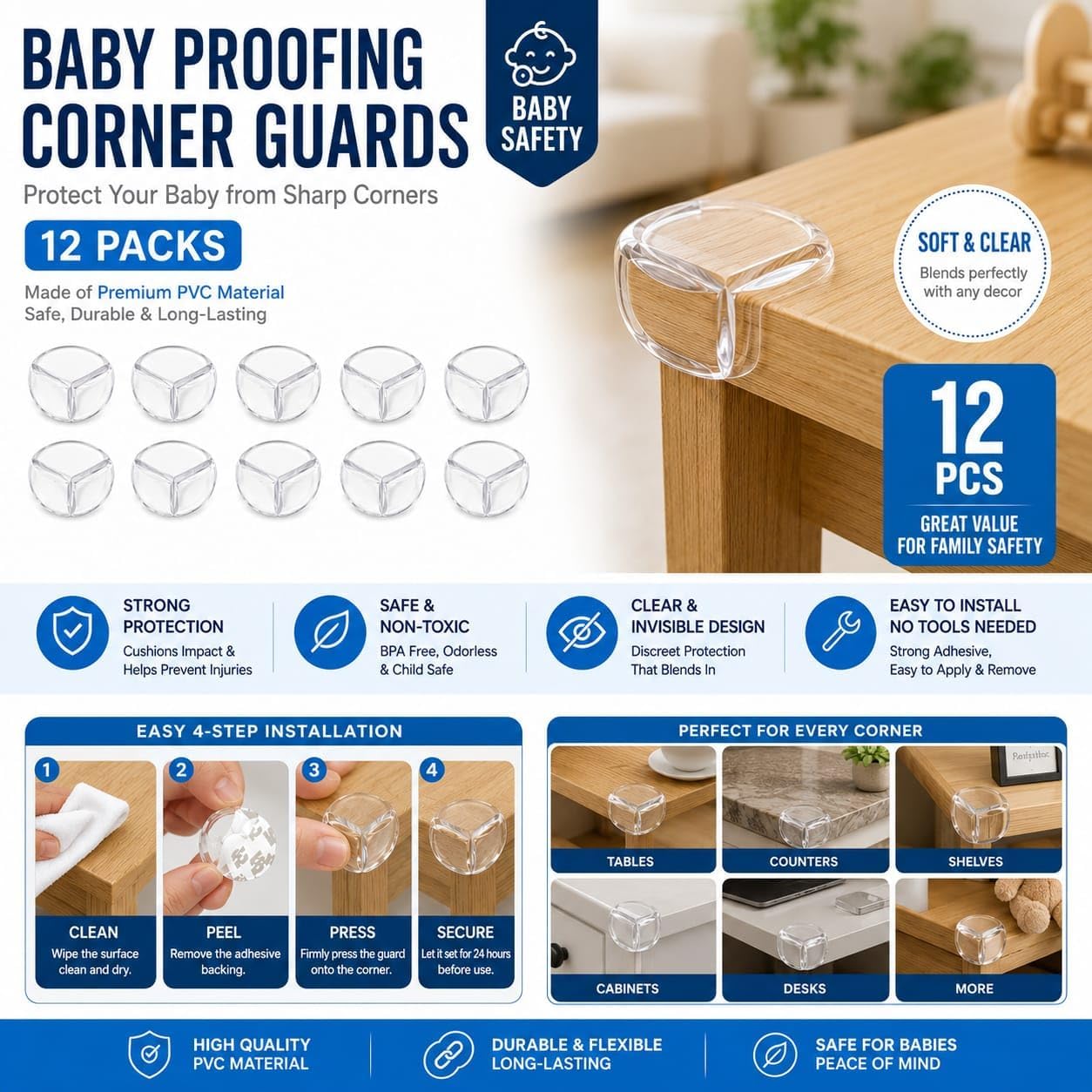 Corner Guard Baby Proofing 12 Packs - Clear Coerner Protectors with Strong Adhesive for Furniture, BPA Free, Soft PVC Edges Safety Bumpers for Tables, Cabinets, DESKS & Countertops