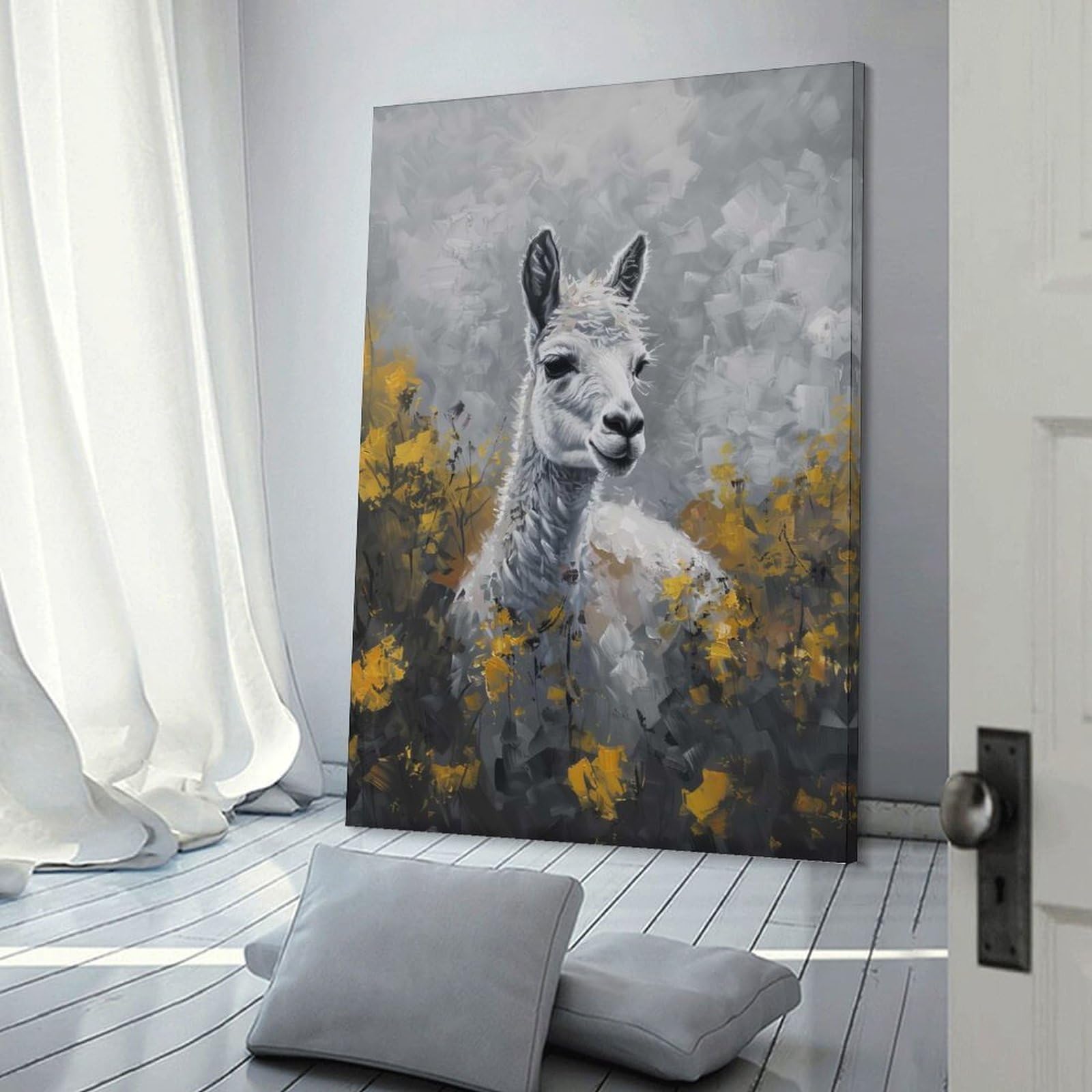 Junmoney White Alpaca Painting Canvas Wall Picture, 12x18inch(30x45cm), for Wall Displays, Bedrooms Or Room Updates, Wall Decor Suited to Curated Displays