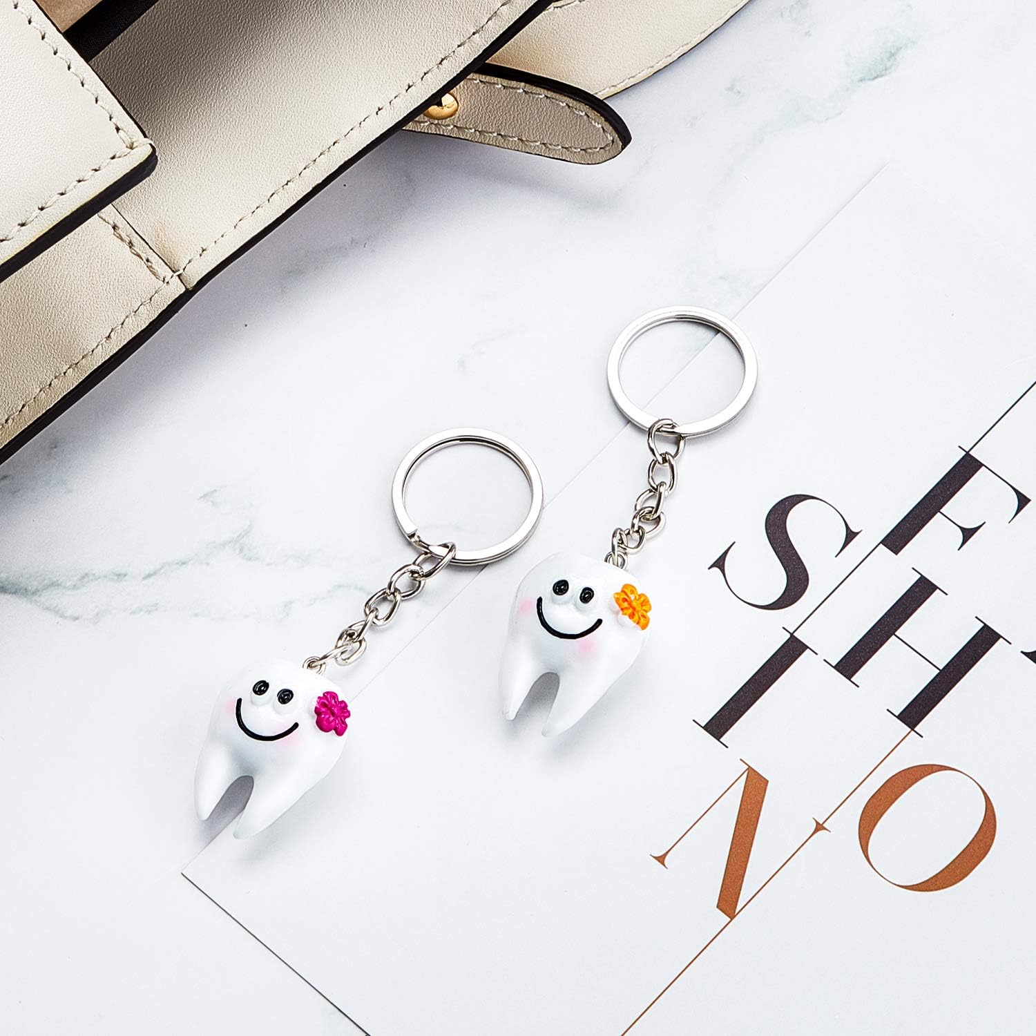 24 Pieces Tooth Shape Keychain Resin Tooth Key Ring for Dentist Gift Handbag Pendant