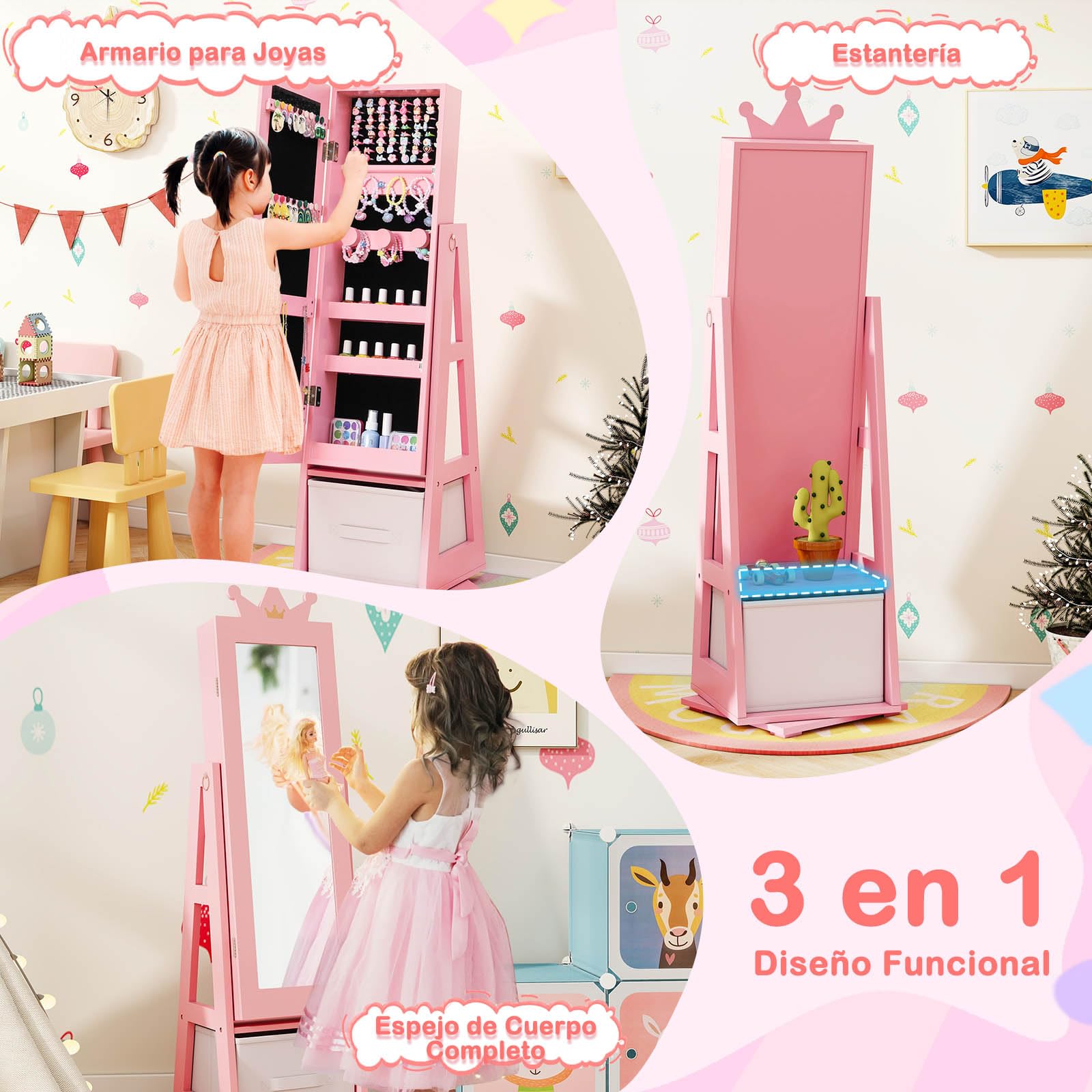 GOPLUS Armario para Joyas de Niños con Espejo de Cuerpo Completo, Armario Joyero Infantil con Cajón Plegable, Mueble de la Joyería para Dormitorio y Sala de Juegos de Niños de 3+ Años (Rosa)