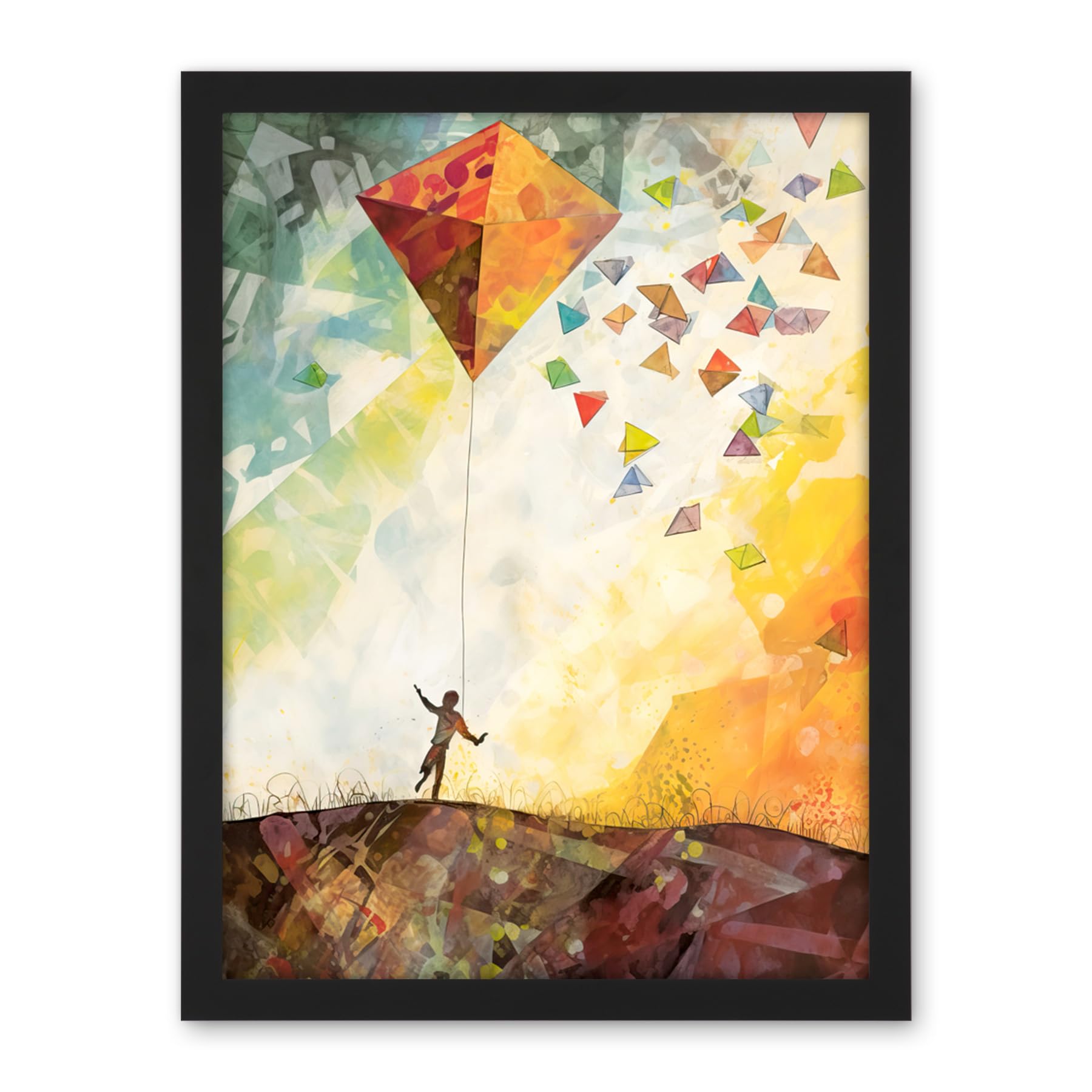 Artery8 Child Flying Big Kite in Rainbow Colour Sunset Sky Artwork Framed Wall Art Print 18X24 Inch