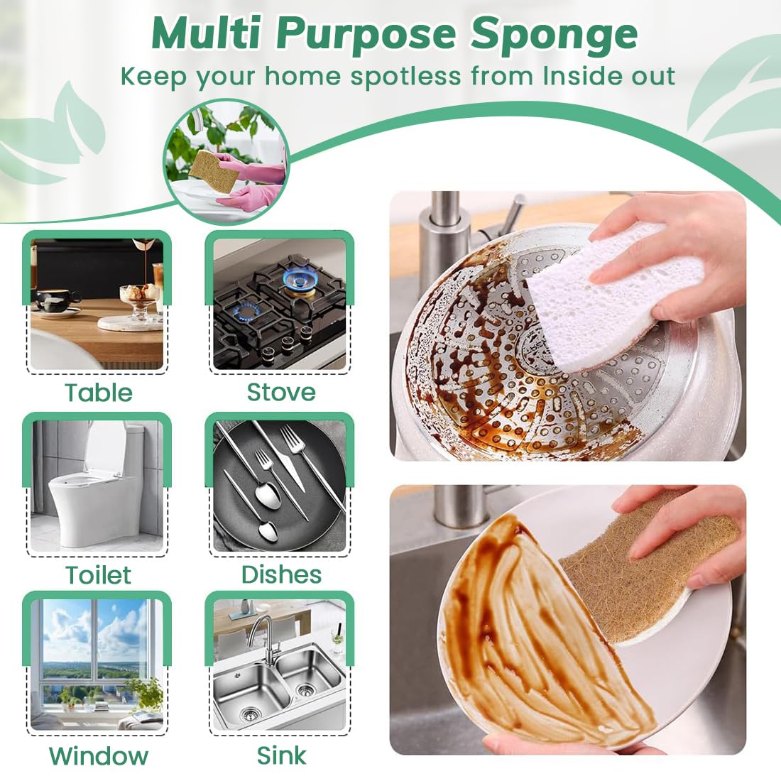 Set Di 6 Spugne Naturali Biodegradabili In Fibra Di Cocco E Cellulosa, Antigraffio E Compostabili, Per Cucina E Pulizia Domestica Multiuso