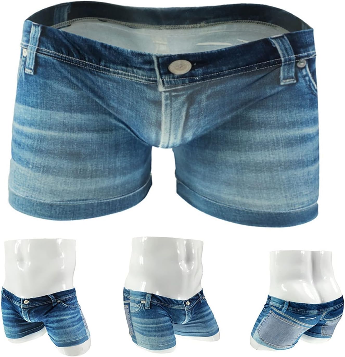 Men Big Pouch Ice Silk 3D Denim Printed Shorts Fake Jean Underwear Boxer Stretch Briefs Cow Boy Underpants Trunks